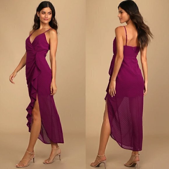 Lulus Dresses & Skirts - Lulu's For Us to Dance Magenta Swiss Dot Ruffled Midi Dress Size S NWT